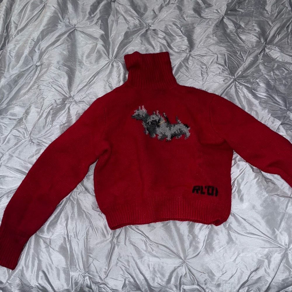 Polo Ralph Lauren Red Turtleneck Sweater with Dog Motif